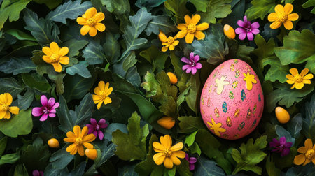 A handmade Easter egg sitting on a bed of vibrant spring flowers with green leaves around itの素材