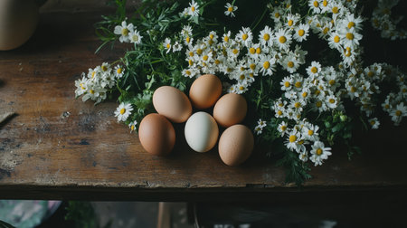 A rustic wooden table filled with Easter eggs, blooming spring flowers, and fresh greeneryの素材