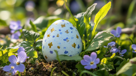 A handmade Easter egg sitting on a bed of vibrant spring flowers with green leaves around itの素材