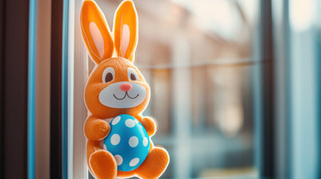 Bunny and egg stickers applied on glass window with spring light coming throughの素材