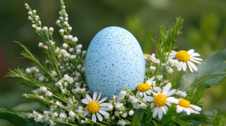 A soft pastel Easter egg placed gently on a freshly bloomed flower with green leaves around itの素材