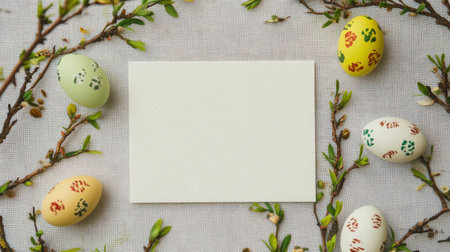 Blank Easter card in vertical orientation on a white textured tableclothの素材