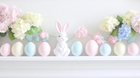 Bunny figurines and pastel eggs arranged symmetrically on a clean white mantelの素材