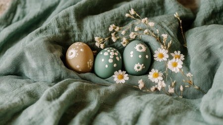 Beautifully decorated Easter eggs placed on a soft green bed of grass with blooming flowers around themの素材