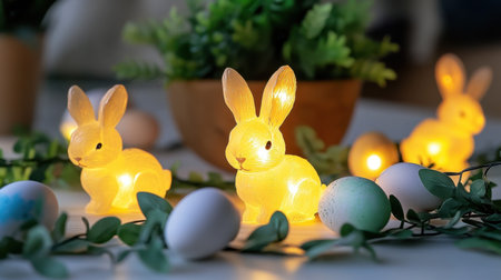 Bunny-shaped LED string lights surrounding a centerpiece of dyed eggs and greeneryの素材