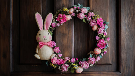 Bunny-shaped wreath with Easter flowers hanging on a rustic wooden doorの素材