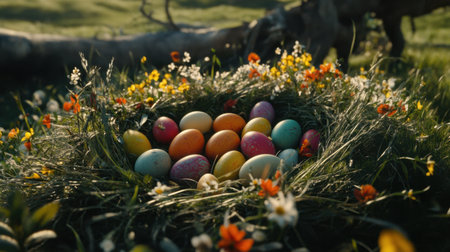 Brightly colored Easter eggs surrounded by a lush bed of fresh spring grass and wildflowersの素材