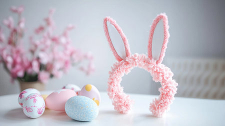 Bunny ears headband placed beside a collection of Easter crafts on a white tableの素材