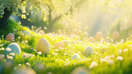 Bright, pastel-colored Easter eggs scattered across a patch of soft, vibrant green grassの素材