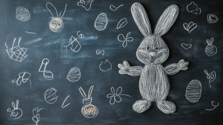 Cartoon-style Easter bunny drawn on a chalkboard with festive spring doodlesの素材