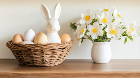 Ceramic bunny paired with a basket of fake flowers and eggs on a minimalist shelfの素材