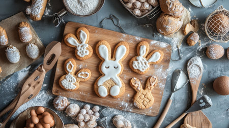 Bunny-shaped cookies on a wooden board surrounded by baking toolsの素材