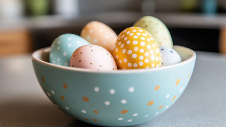 Ceramic bowl filled with glossy pastel Easter eggs on a kitchen countertopの素材