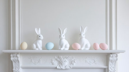 Bunny figurines and pastel eggs arranged symmetrically on a clean white mantelの素材