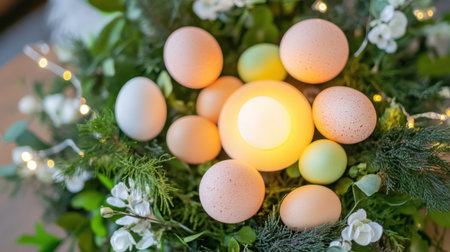 Bunny-shaped LED string lights surrounding a centerpiece of dyed eggs and greeneryの素材