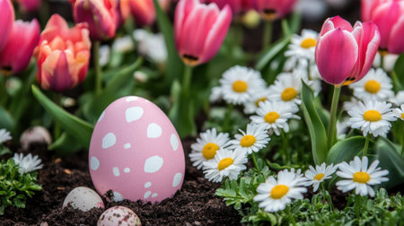 Close-up of Easter egg half-buried in a flowerbed among tulips and daisiesの素材