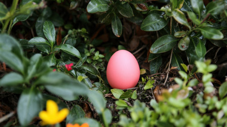 Close-up of a pastel-colored egg nestled among green spring leaves and vibrant flowersの素材