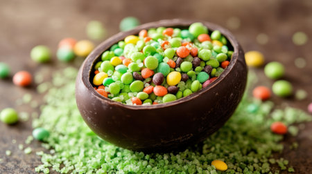 Chocolate egg filled with smaller treats placed on a bed of green shredded candyの素材