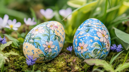 Close-up of spring leaves and tiny wildflowers surrounding beautifully painted Easter eggsの素材