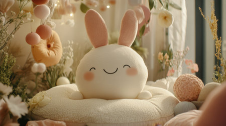 Close-up of a bunny face on a soft pillow surrounded by spring decorationsの素材
