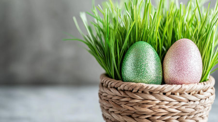 Close-up of glittery Easter egg decorations in a woven basket with faux grassの素材