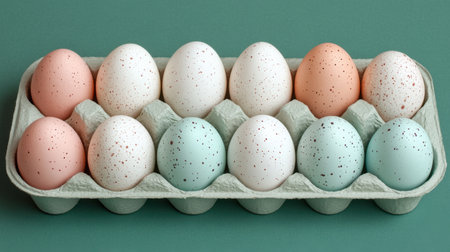 Classic white eggs dyed in pastel tones with speckled texture in a trayの素材