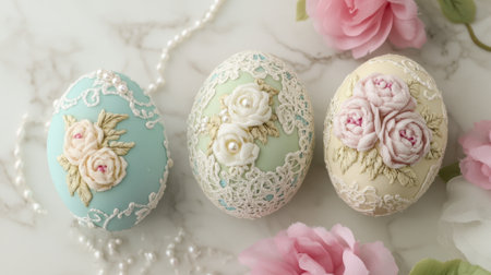 Collection of vintage-style decorated Easter eggs with lace and pearlsの素材