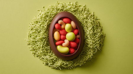 Chocolate egg filled with smaller treats placed on a bed of green shredded candyの素材