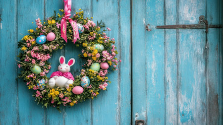 Colorful Easter egg wreath hanging on a rustic wooden door with bunny-shaped ornamentsの素材