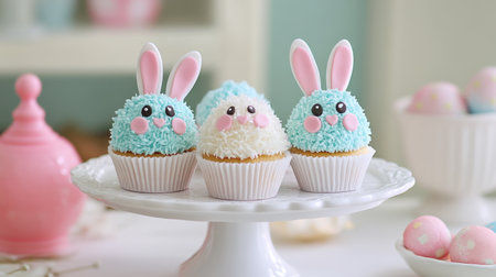 Cute bunny-face cupcakes on a white cake stand with spring decor aroundの素材