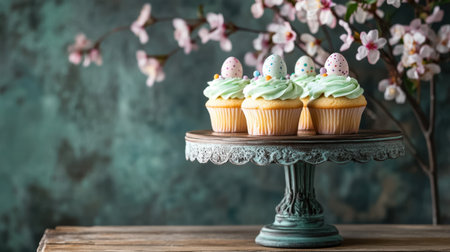 Colorful Easter cupcakes topped with mini eggs and pastel frosting on a rustic cake standの素材