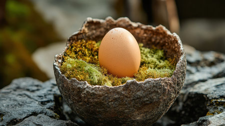 Close-up of egg inside a cracked flower pot with moss and soilの素材