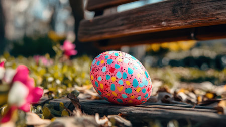Colorful Easter egg under a wooden garden swing on a sunny dayの素材