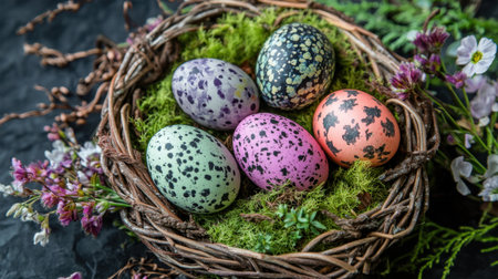 Colorful Easter eggs arranged in a woven basket with green moss and spring flowersの素材