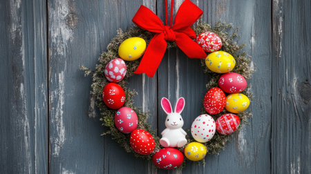 Colorful Easter egg wreath hanging on a rustic wooden door with bunny-shaped ornamentsの素材