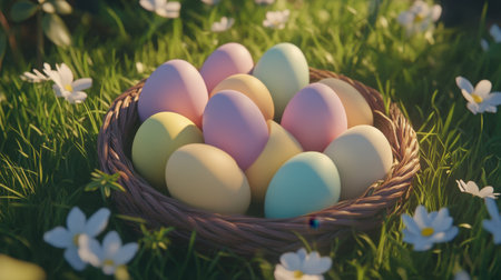 Colorful Easter eggs arranged in a woven basket on green grass with spring flowers surroundingの素材