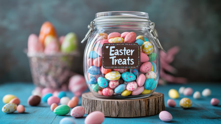 Decorative candy jar labeled Easter Treats filled with pastel chocolatesの素材