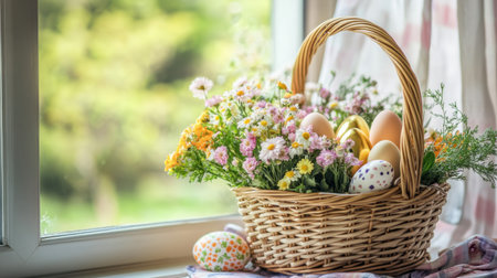 Decorative Easter basket with gold-foiled eggs, small carrots, and spring florals on a window sillの素材