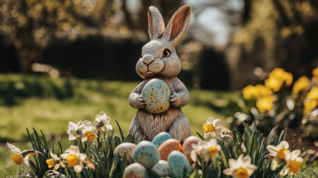 Decorative Easter bunny figurines surrounded by colorful eggs and daffodilsの素材