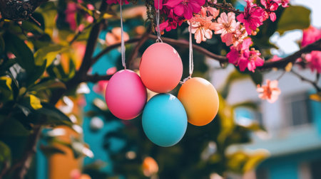 Colorful Easter egg garland hanging from a tree branch, with lush spring foliage in the backgroundの素材