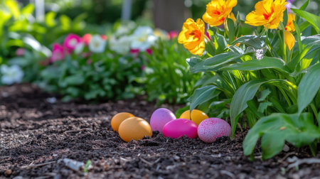 Colorful eggs scattered across sand and mulch in a park gardenの素材