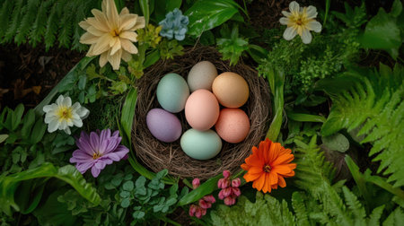 Decorative pastel Easter eggs surrounded by soft spring grass, flowers, and leaves in a peaceful outdoor sceneの素材