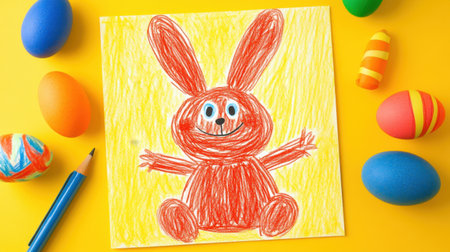 DIY Easter card with childlike drawing style placed on a yellow backgroundの素材