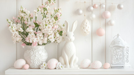 Easter-themed shelf decor with bunny statues, flowers, and hanging ornamentsの素材