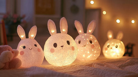 DIY Easter paper lanterns shaped like eggs and bunnies illuminated from withinの素材