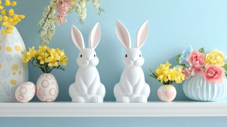 Easter-themed shelf decor with bunny statues, flowers, and hanging ornamentsの素材