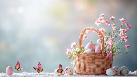 Easter basket arrangement surrounded by painted wooden eggs and butterfly decorationsの素材