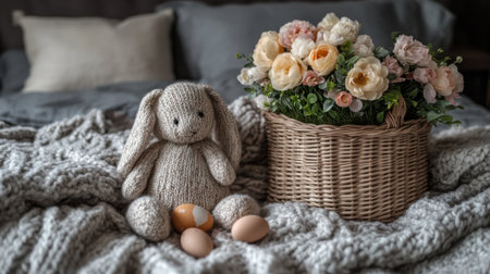 Easter basket with faux grass, chocolate eggs, and a plush bunny on a soft blanketの素材