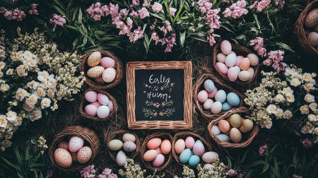 Easter egg hunt sign surrounded by baskets, pastel eggs, and spring decorationsの素材