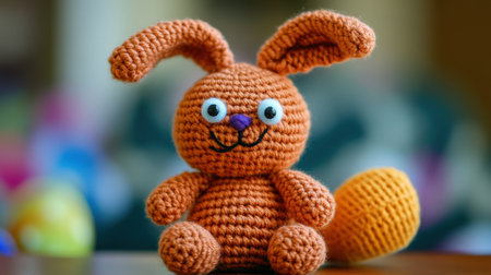 Easter bunny made of yarn with googly eyes and a pom-pom tail on a deskの素材